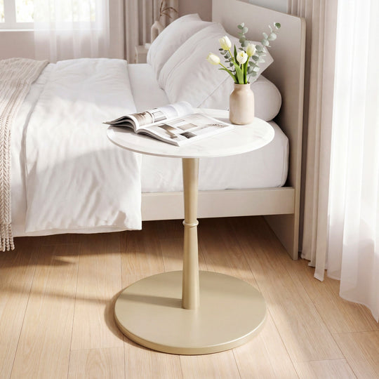 Round Marble Side Table with Stone Finish and Wooden Base for Small Spaces