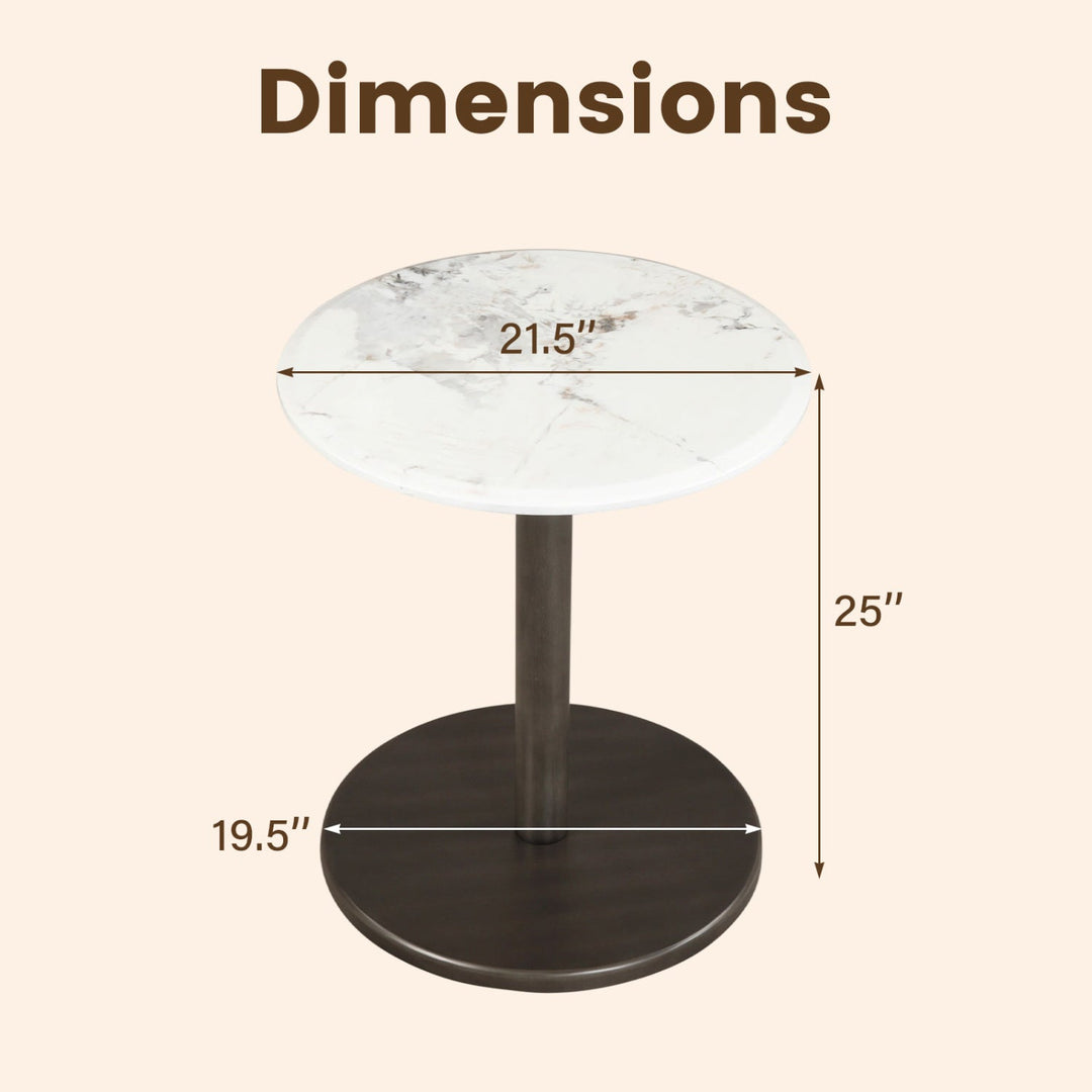 Round Marble Side Table Pedestal End Table with Stone Finish and Wooden