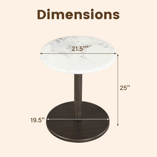 Round Marble Side Table Pedestal End Table with Stone Finish and Wooden