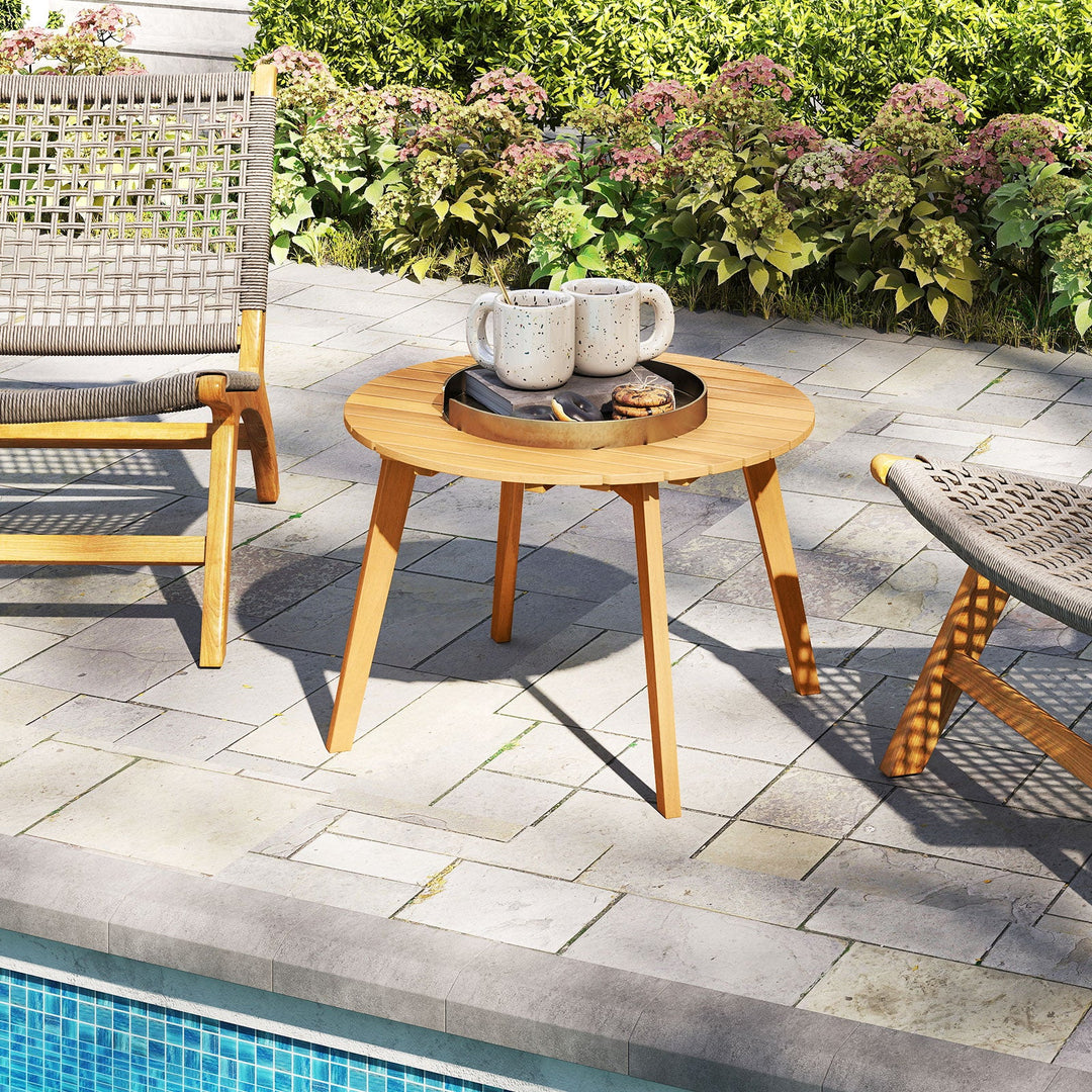 Round Outdoor Acacia Wood Side Table with Slatted Tabletop