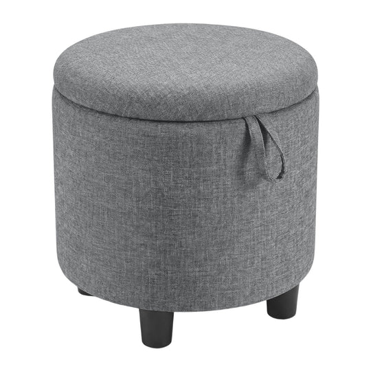 Round Storage Ottoman Linen Fabric Upholstered Footrest Stool