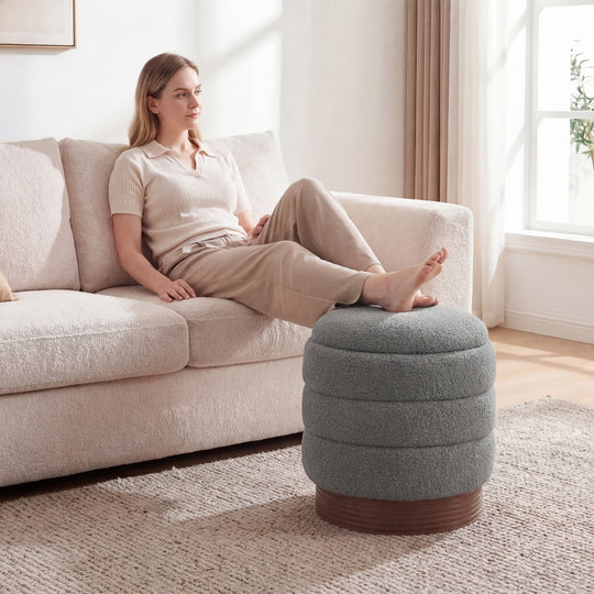 Round Storage Ottoman with Acacia Wood Frame for Living Room