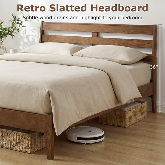 Twin Size Wood Platform Bed Frame with Slat Headboard