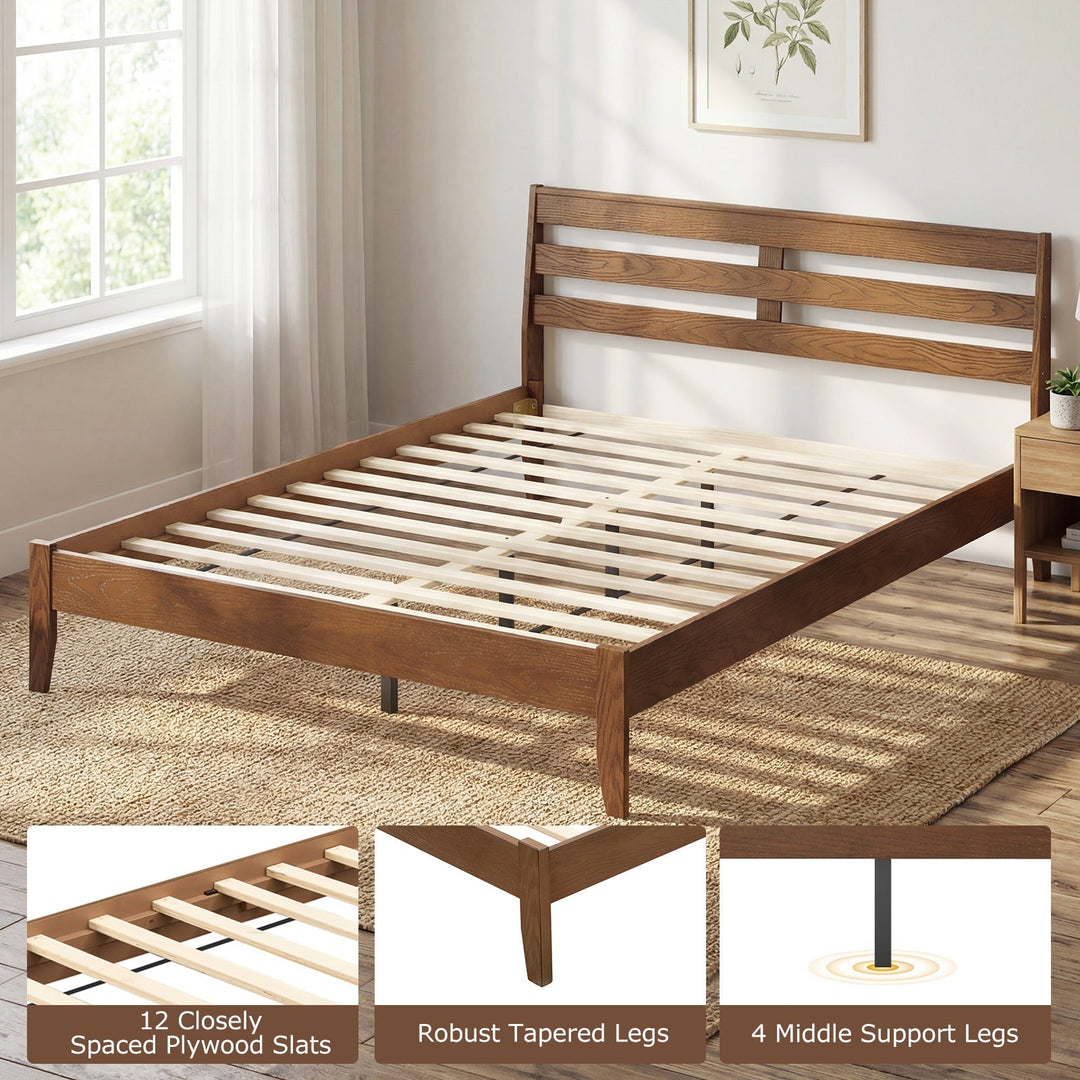 Twin Size Wood Platform Bed Frame with Slat Headboard
