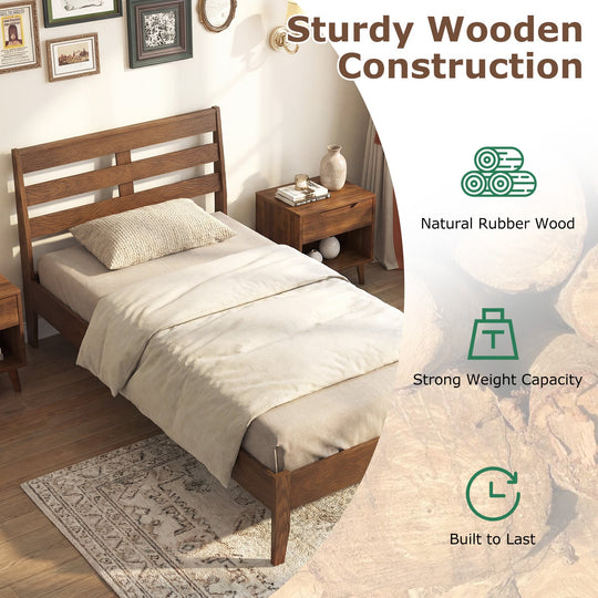 Twin Size Wood Platform Bed Frame with Slat Headboard