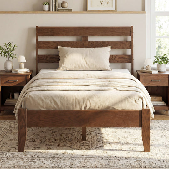 Twin Size Wood Platform Bed Frame with Slat Headboard