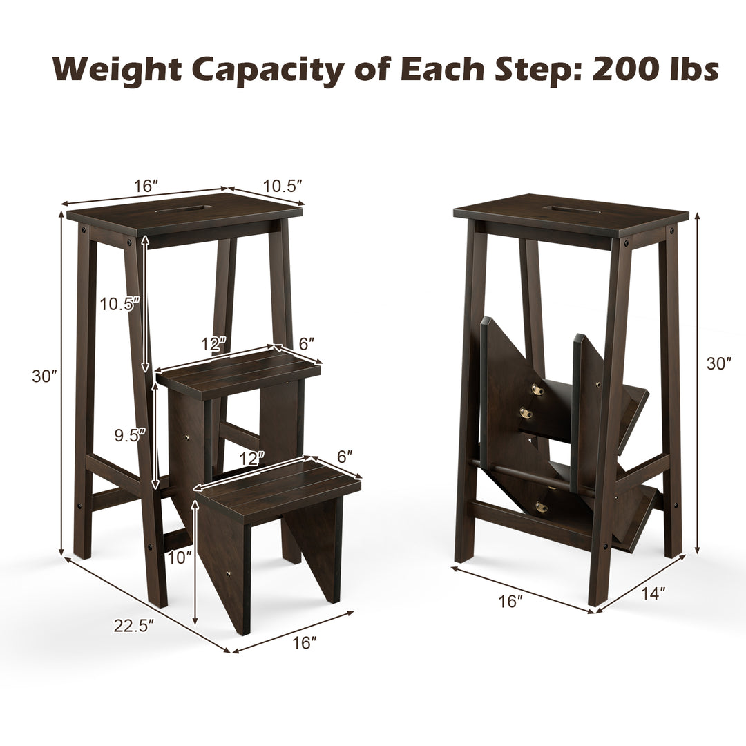 3-in-1 Rubber Wood 3 Tier Folding Step Stool Ladder Storage Shelf-Brown