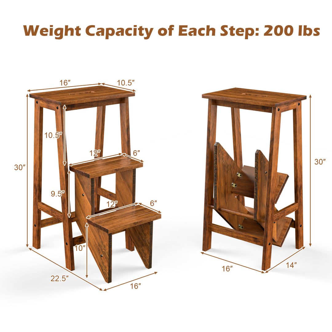 3-in-1 Rubber Wood 3 Tier Folding Step Stool Ladder Storage Shelf-Coffee