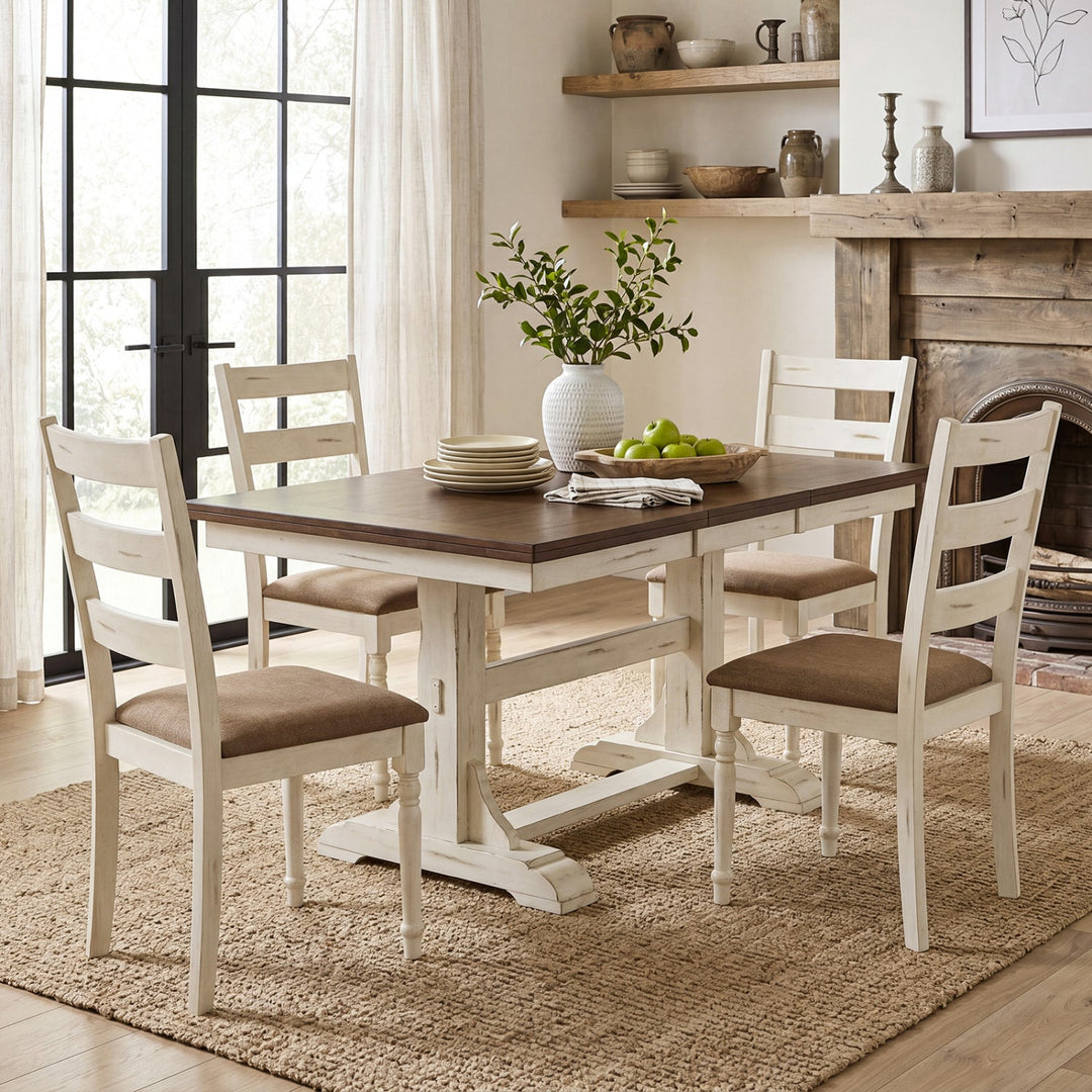Dining Chairs Set of 4 with Padded Linen Seat & Slatted Back