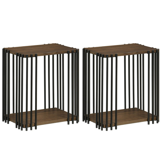 Rubber Wood Side Table Set of 2 with 2-Layer Storage Shelves and Metal Frame-Walnut