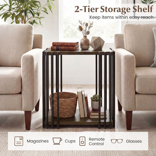 Rubber Wood Side Table with 2-Layer Storage Shelves and Metal Frame-Walnut