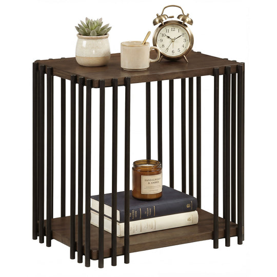 Rubber Wood Side Table with 2-Layer Storage Shelves and Metal Frame-Walnut