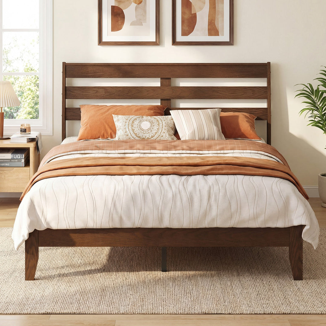 Twin Size Wood Platform Bed Frame with Slat Headboard