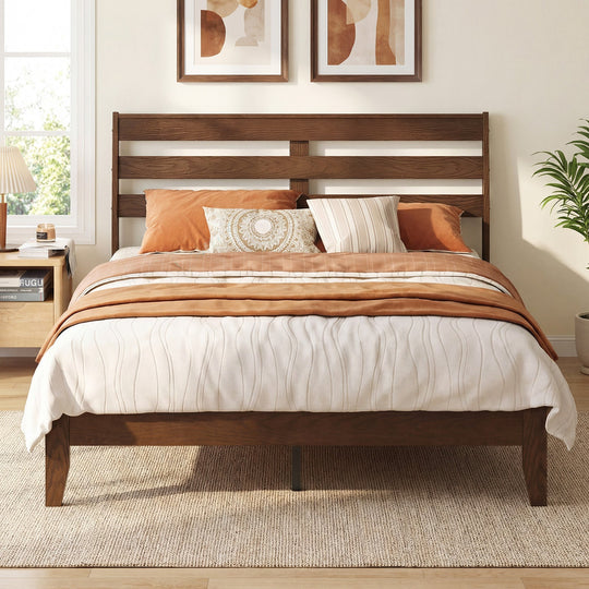 Twin Size Wood Platform Bed Frame with Slat Headboard