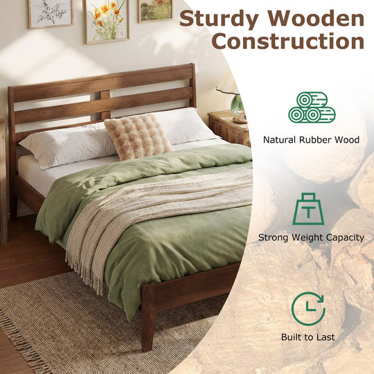 Twin Size Wood Platform Bed Frame with Slat Headboard