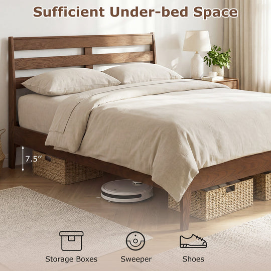 Twin Size Wood Platform Bed Frame with Slat Headboard