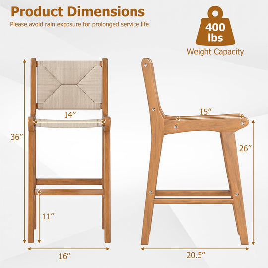 Set of 1 Outdoor Counter Height Bar Stool Woven Paper Rope Patio Barstool with Teak Wood Frame