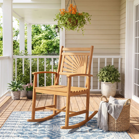 Set of 2 Acacia Wood Patio Rocking Chair with Curved Armrests