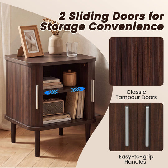 Fluted Nightstand with Sliding Doors and Adjustable Shelf