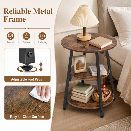 Industrial Side Table with 3-Tier Shelves and Metal Frame
