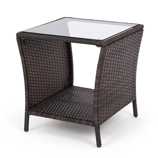 Set of 1 Outdoor Wicker Side Table with Tempered Glass Top and Storage Shelf