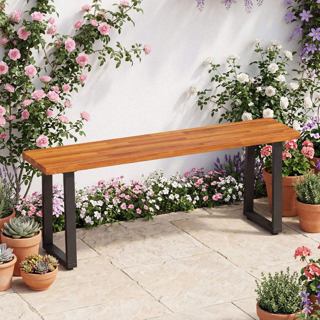 47.5" Acacia Wood Patio Bench with Metal Legs