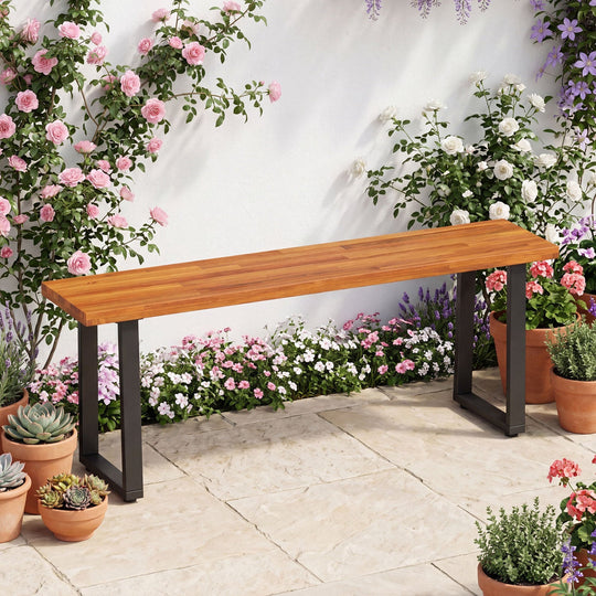 47.5" Acacia Wood Patio Bench with Metal Legs