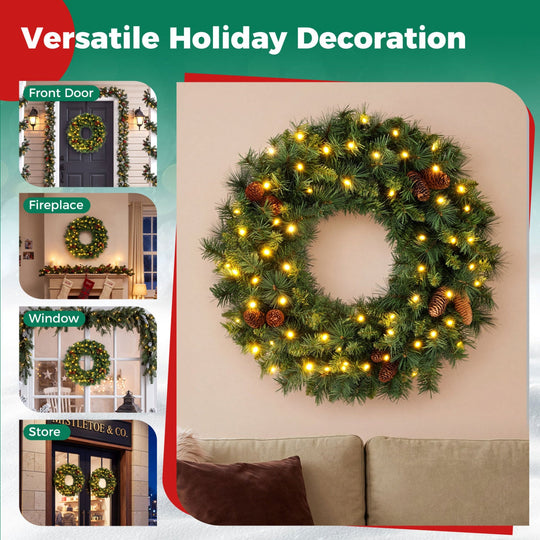 24 Inch Pre-Lit Artificial Christmas Wreath with LED Lights