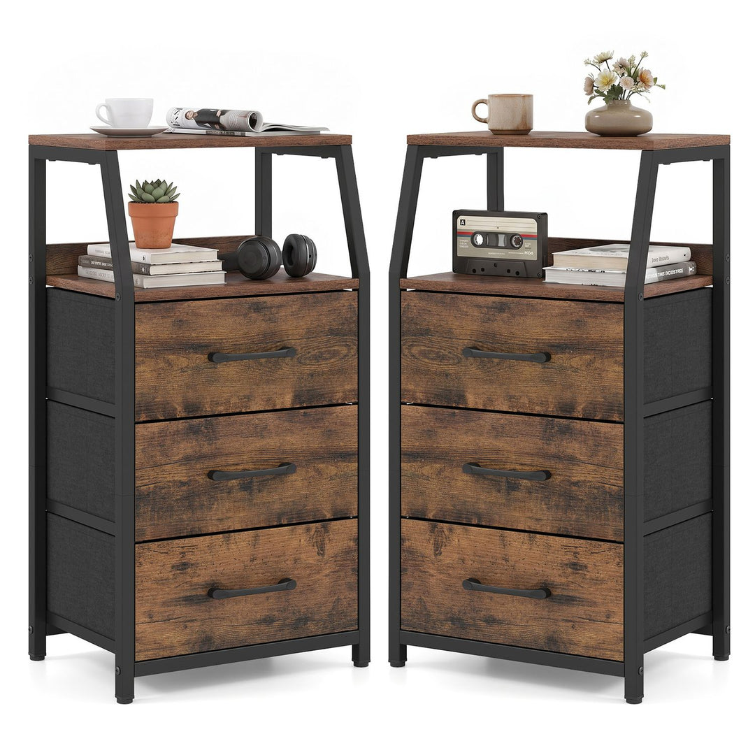 Set of 2 30.5" Tall Nightstand with 3 Fabric Drawers and 2 Spacious Open Shelves-Rustic Brown