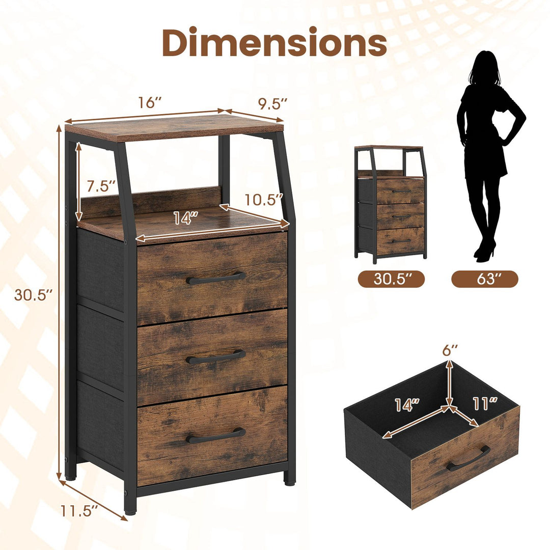 Set of 2 30.5" Tall Nightstand with 3 Fabric Drawers and 2 Spacious Open Shelves-Rustic Brown