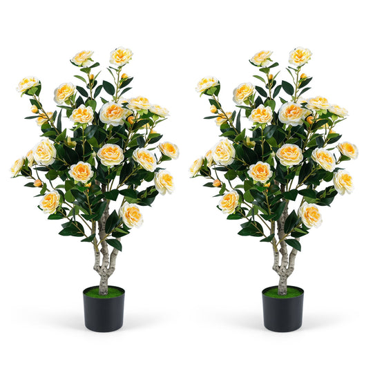 Artificial Camellia Tree 39.5" with Cement Pot - Set of 2