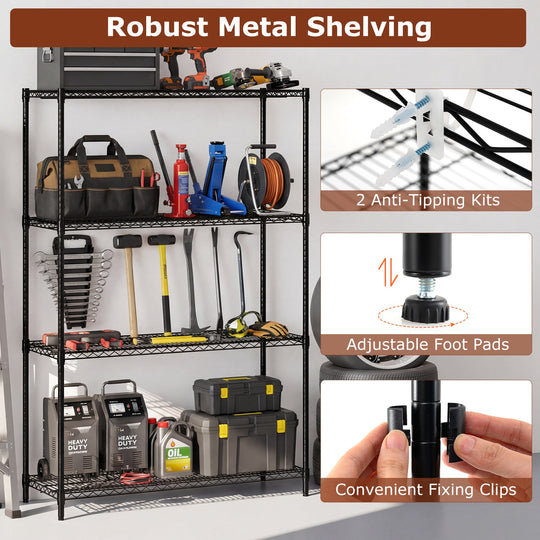 Set of 2 4-Tier Metal Storage Shelving Unit with V-Shaped Wire Rack-Black