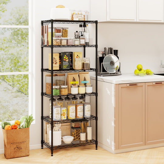 Set of 2 6-Tier Metal Storage Shelving Unit with V-Shaped Wire Rack and 900 LBS Capacity-Black