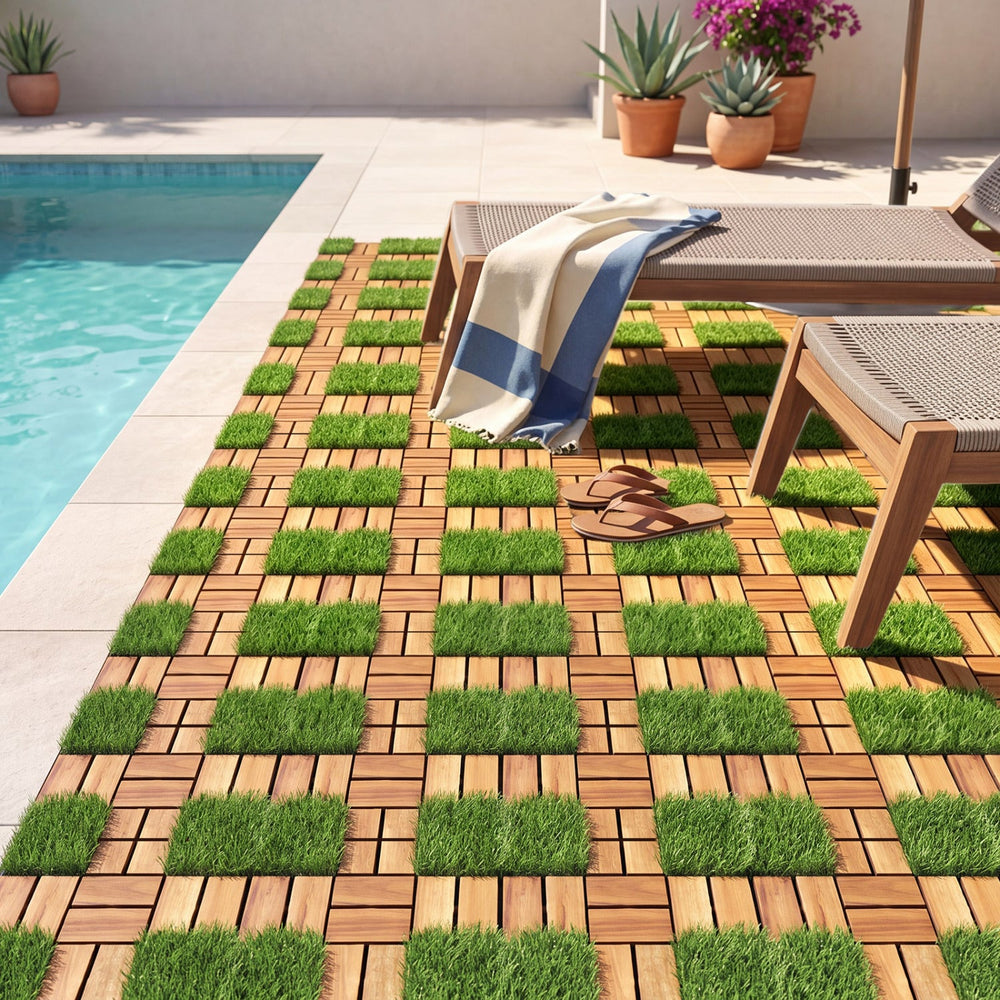 Acacia Wood Interlocking Deck Tiles with Artificial Grass