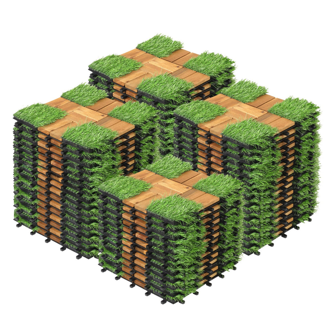 Acacia Wood Interlocking Deck Tiles with Artificial Grass