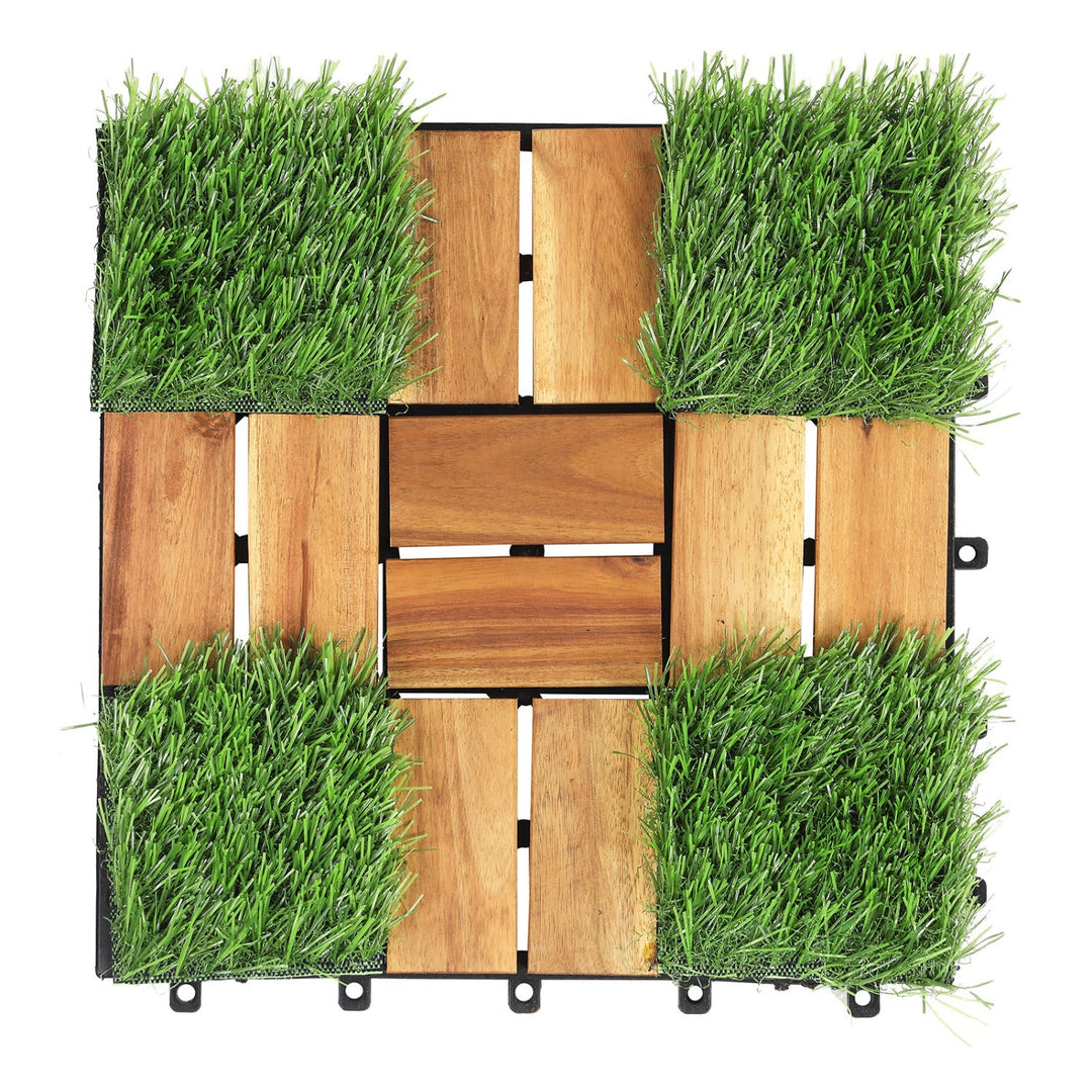 Acacia Wood Interlocking Deck Tiles with Artificial Grass