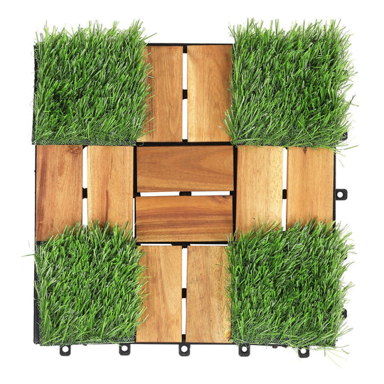 Acacia Wood Interlocking Deck Tiles with Artificial Grass