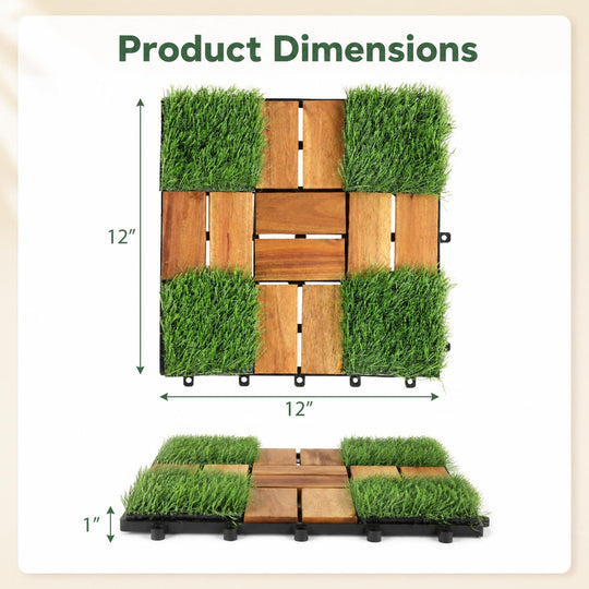 Acacia Wood Interlocking Deck Tiles with Artificial Grass