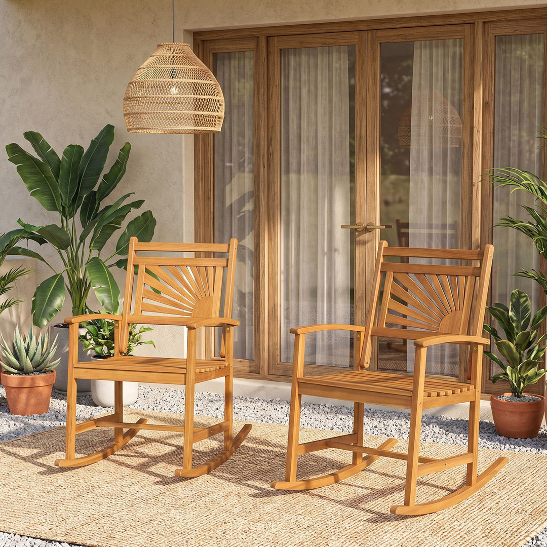 Set of 2 Acacia Wood Patio Rocking Chair with Curved Armrests