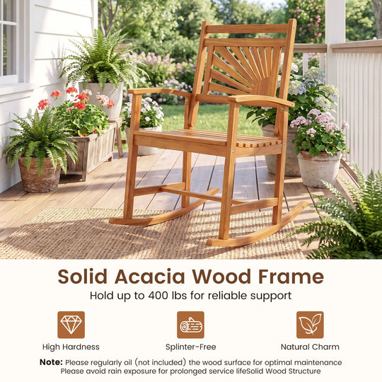 Set of 2 Acacia Wood Patio Rocking Chair with Curved Armrests