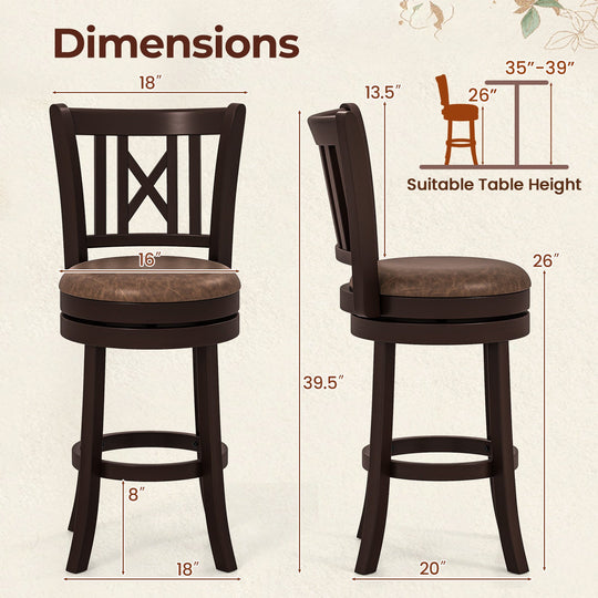 Set of 2 Bar Stools Swivel Bar Chairs with Footrest and Hollowed Backrest