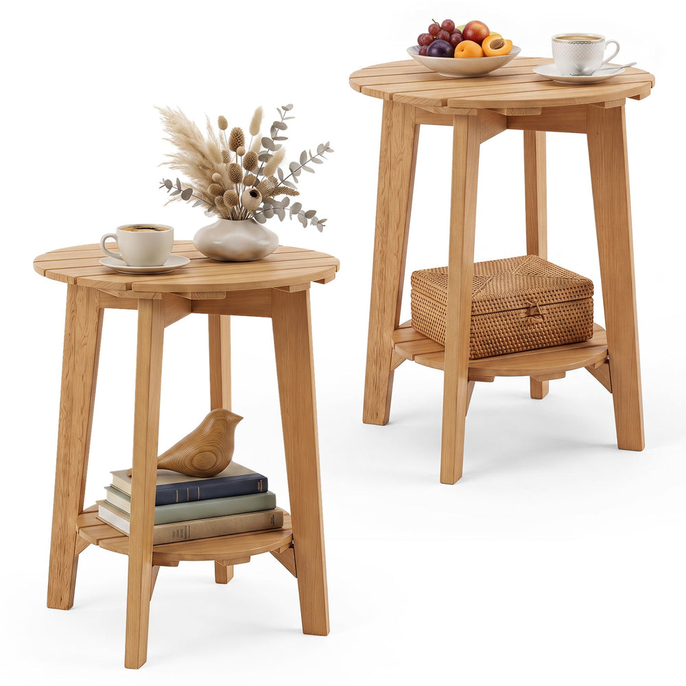 Eucalyptus Wood Side Table Set of 2 with Storage Shelf