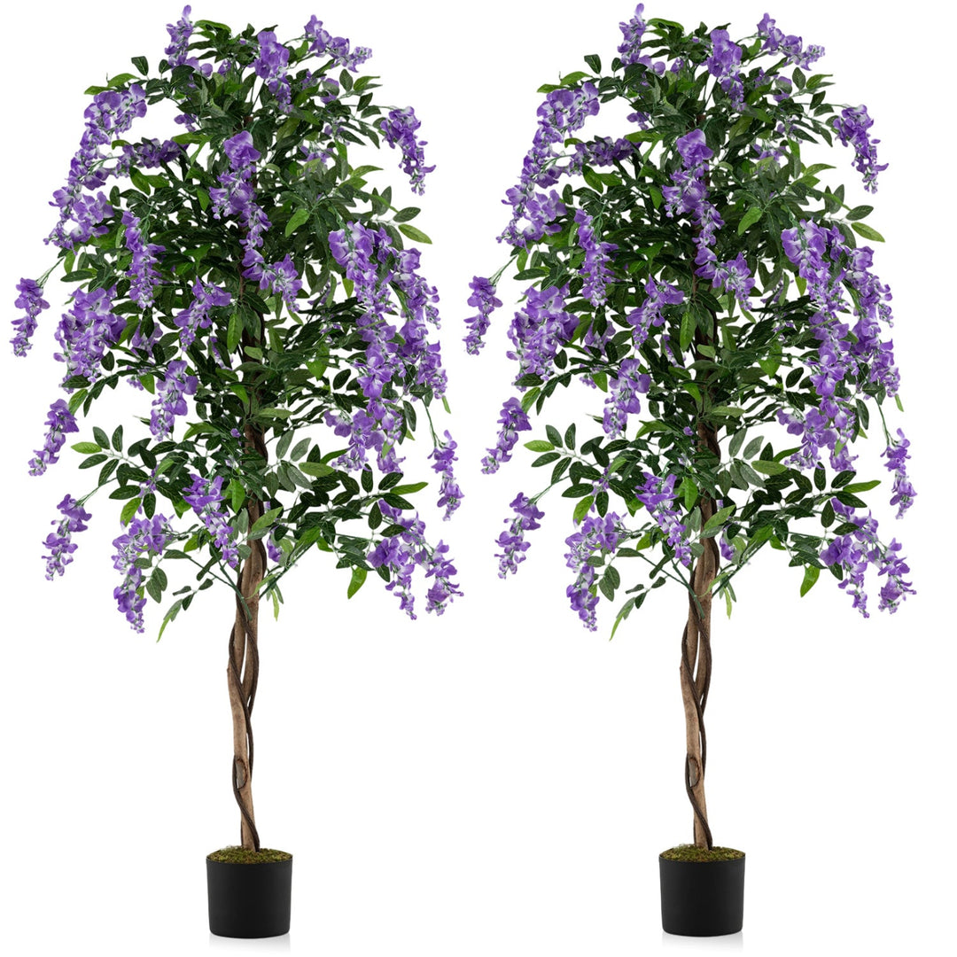 Set of 2 Fake Ficus Plant 6 FT Artificial Wisteria Tree with Natural Trunks and Purple Lifelike Flowers