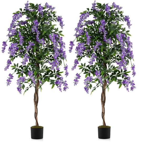 Set of 2 Fake Ficus Plant 6 FT Artificial Wisteria Tree with Natural Trunks and Purple Lifelike Flowers