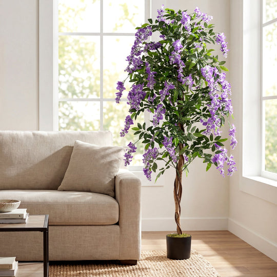 Set of 2 Fake Ficus Plant 6 FT Artificial Wisteria Tree with Natural Trunks and Purple Lifelike Flowers
