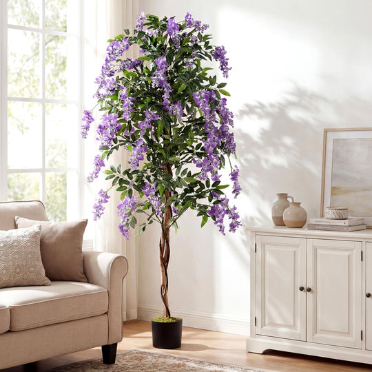 Set of 2 Fake Ficus Plant 6 FT Artificial Wisteria Tree with Natural Trunks and Purple Lifelike Flowers