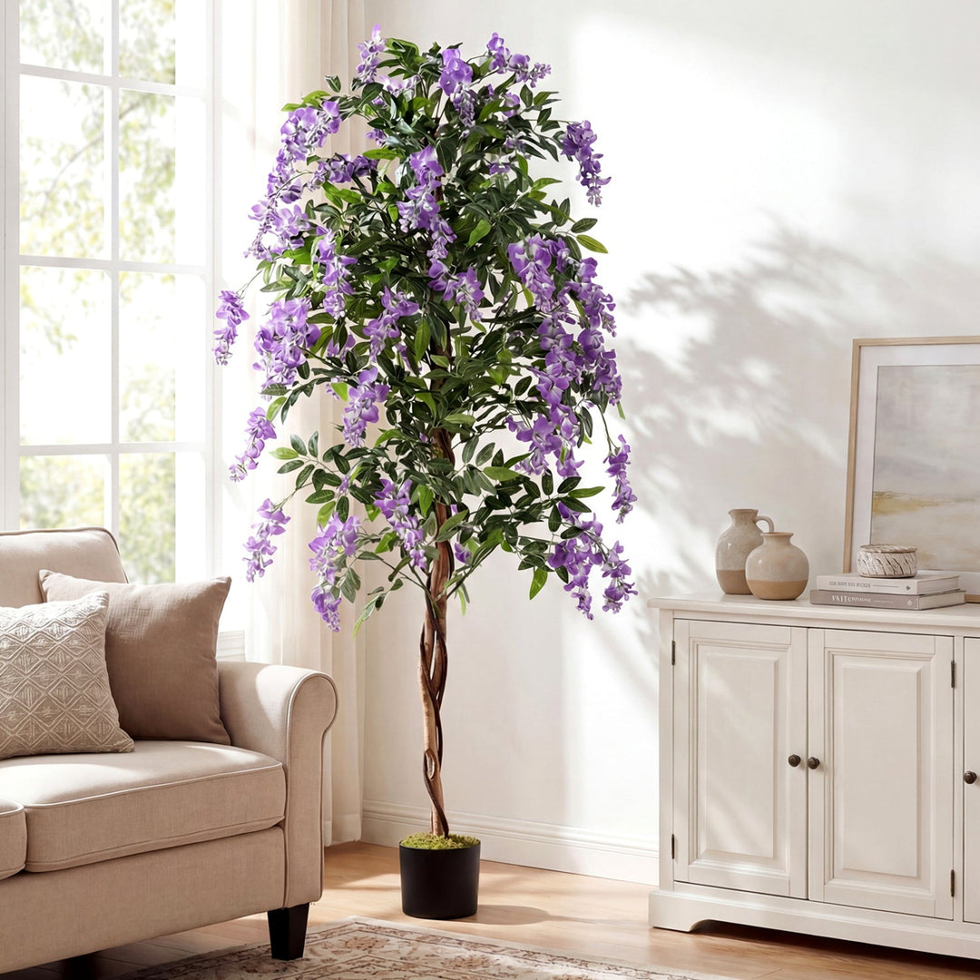 Set of 2 Fake Ficus Plant 6 FT Artificial Wisteria Tree with Natural Trunks and Purple Lifelike Flowers
