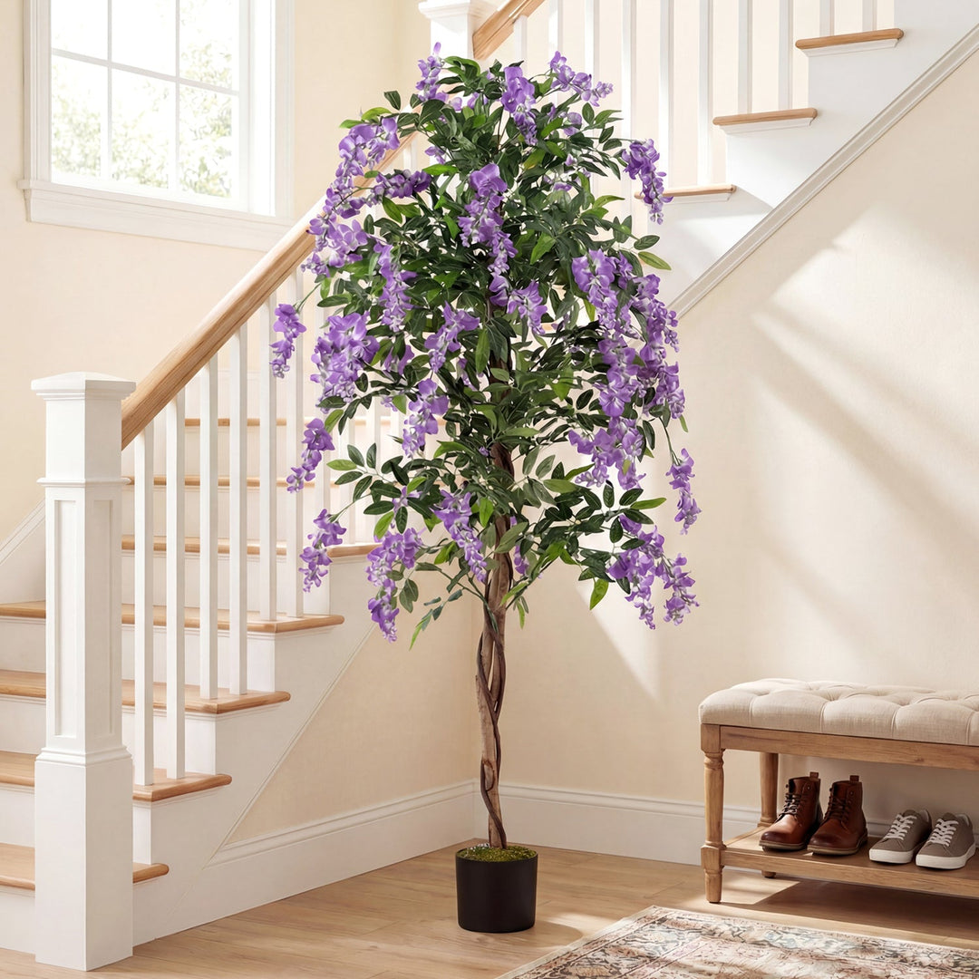 Set of 2 Fake Ficus Plant 6 FT Artificial Wisteria Tree with Natural Trunks and Purple Lifelike Flowers
