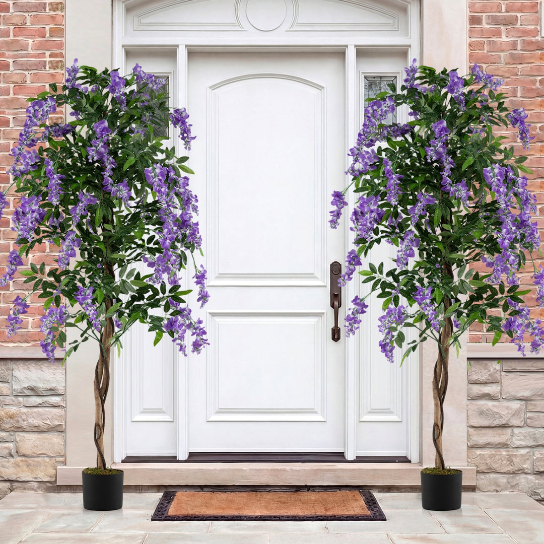 Set of 2 Fake Ficus Plant 6 FT Artificial Wisteria Tree with Natural Trunks and Purple Lifelike Flowers