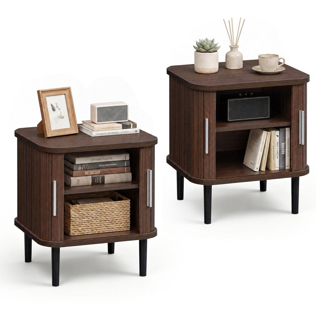 Fluted Nightstand Set with Sliding Doors and Adjustable Shelf